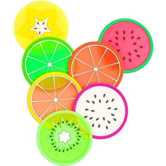 Fruit Shaped Cup Coasters 7-Pieces Holder Anti Slip Rubber Decorative Multi-Use - Picture 1 of 7
